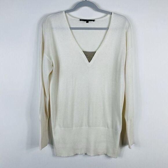 White House Black Market Size Medium Ball Chain V-Neck Tunic Sweater Ivory - Picture 1 of 5